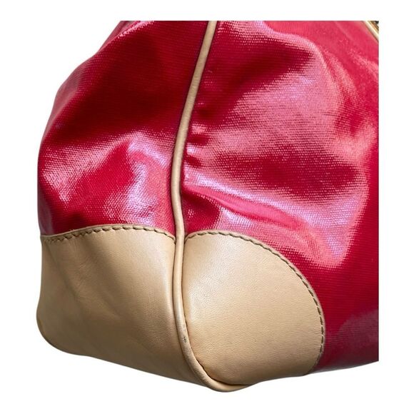 Trina Turk Red Tan Leather Canvas Tote Bag Top Preppy Casual Classic - Picture 7 of 16